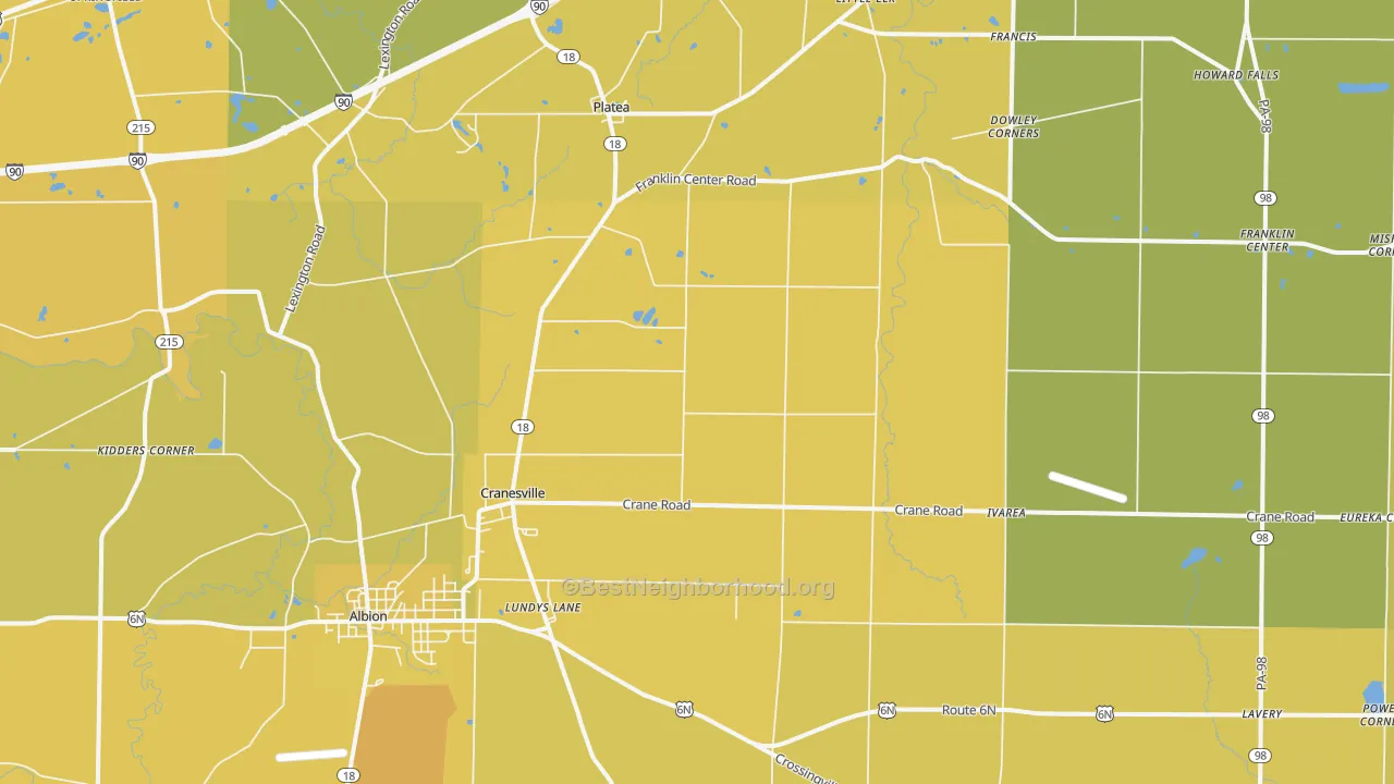 Map of the best neighborhoods in the 16410 area, with better matches in green and worse matches in red