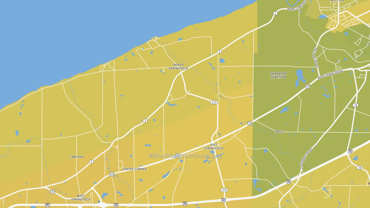 Map of the best neighborhoods in the 16411 area, with better matches in green and worse matches in red
