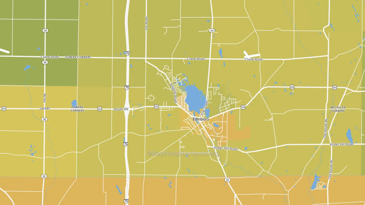 Map of the best neighborhoods in the 16412 area, with better matches in green and worse matches in red