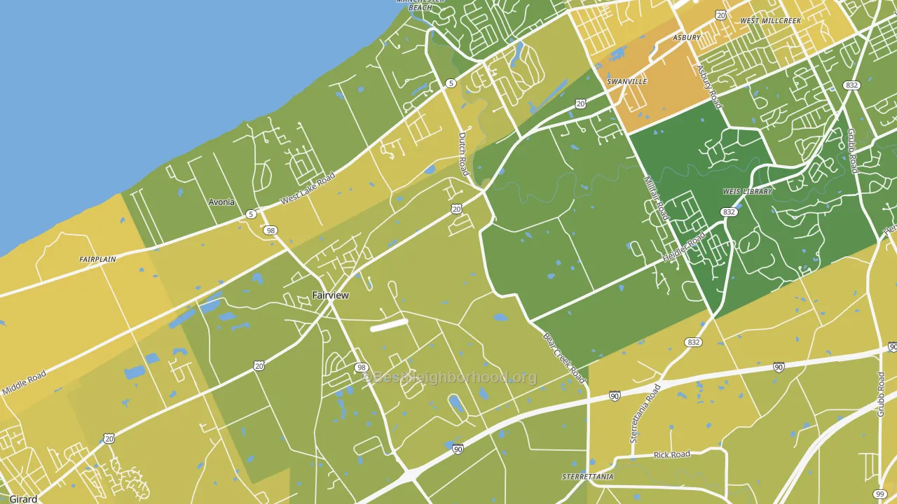 Map of the best neighborhoods in the 16415 area, with better matches in green and worse matches in red