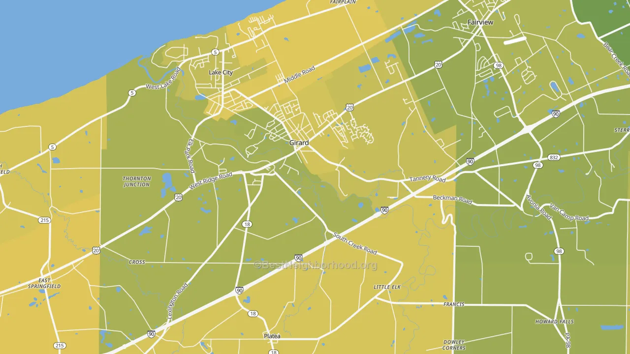 Map of the best neighborhoods in the 16417 area, with better matches in green and worse matches in red