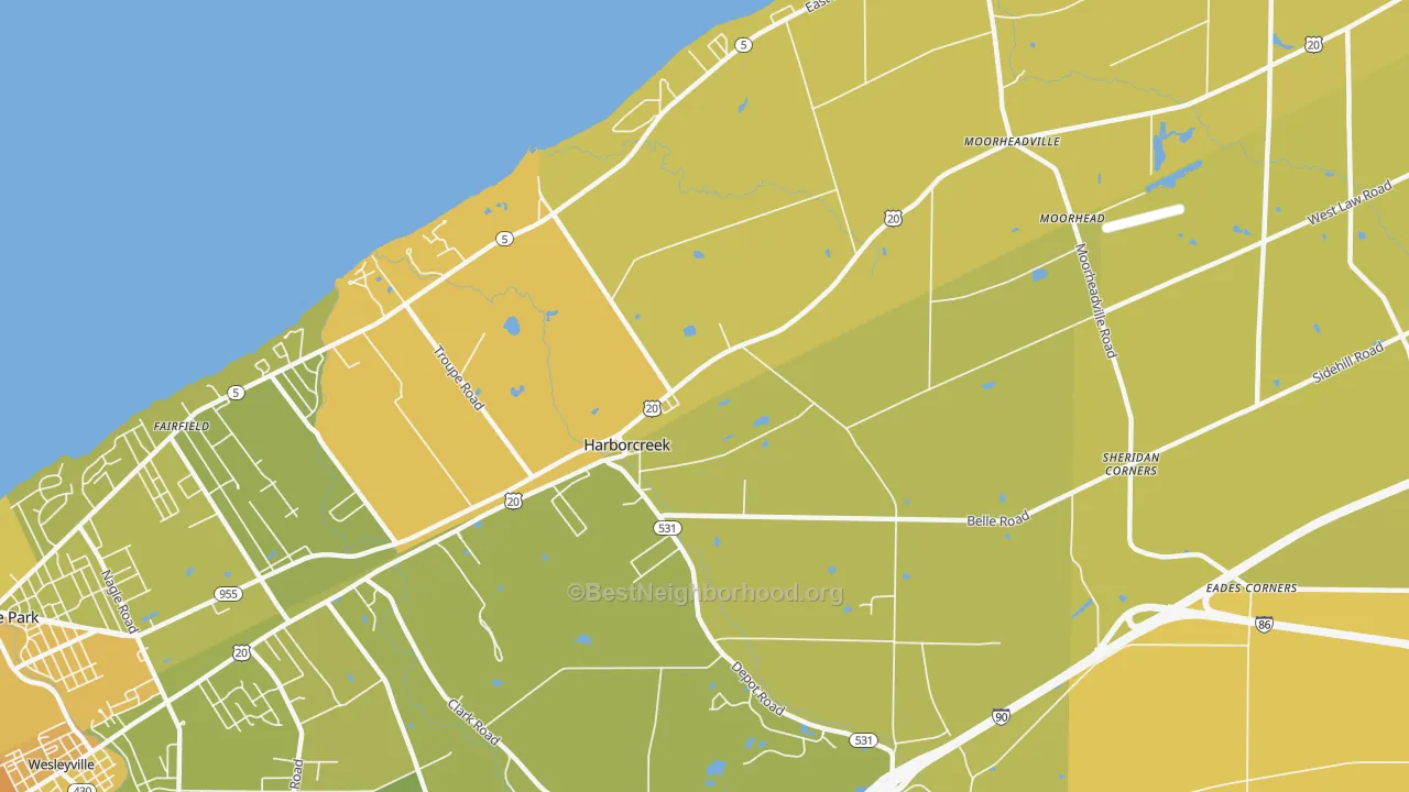 Map of the best neighborhoods in the 16421 area, with better matches in green and worse matches in red