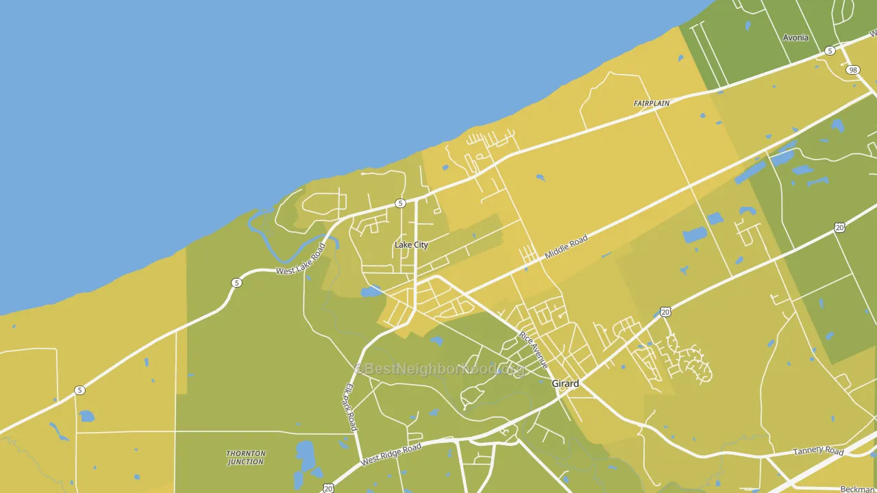 Map of the best neighborhoods in the 16423 area, with better matches in green and worse matches in red