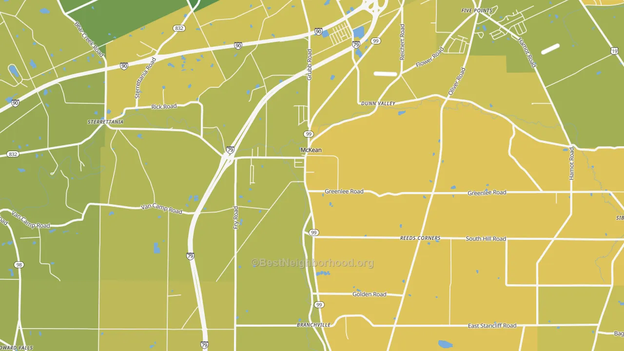 Map of the best neighborhoods in the 16426 area, with better matches in green and worse matches in red