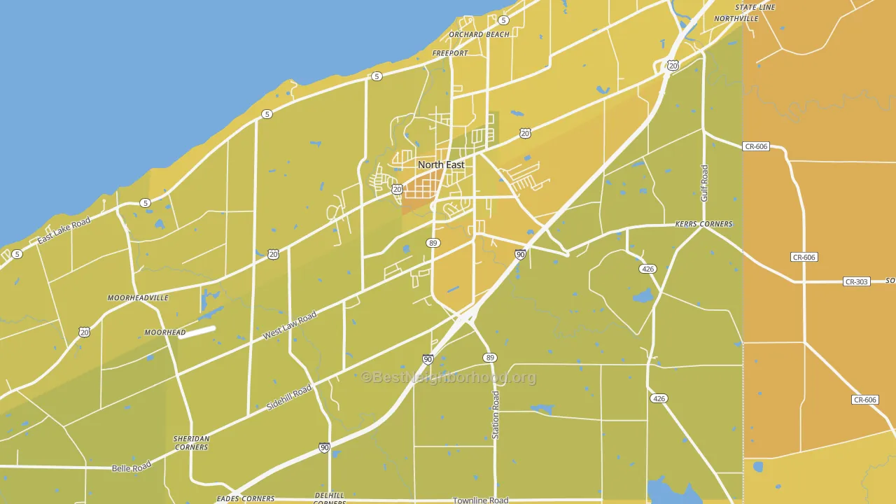 Map of the best neighborhoods in the 16428 area, with better matches in green and worse matches in red