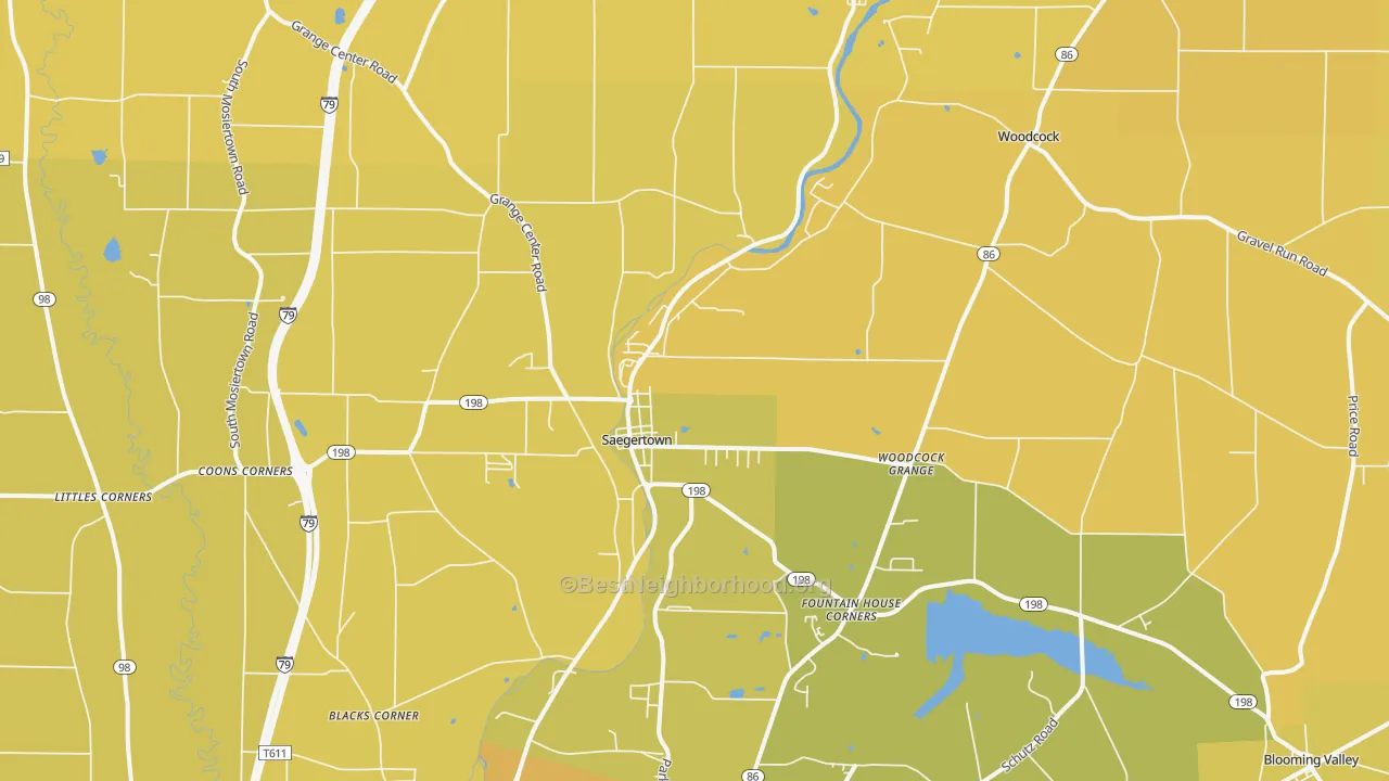 Map of the best neighborhoods in the 16433 area, with better matches in green and worse matches in red