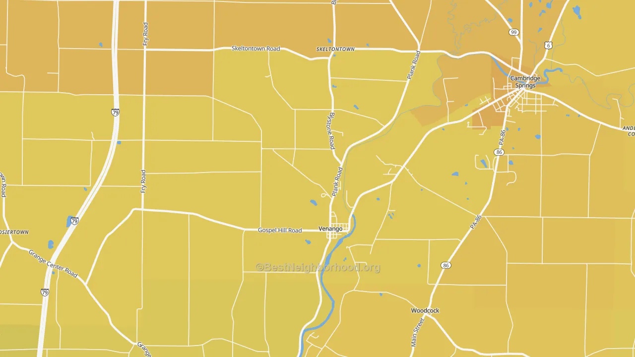 Map of the best neighborhoods in the 16440 area, with better matches in green and worse matches in red