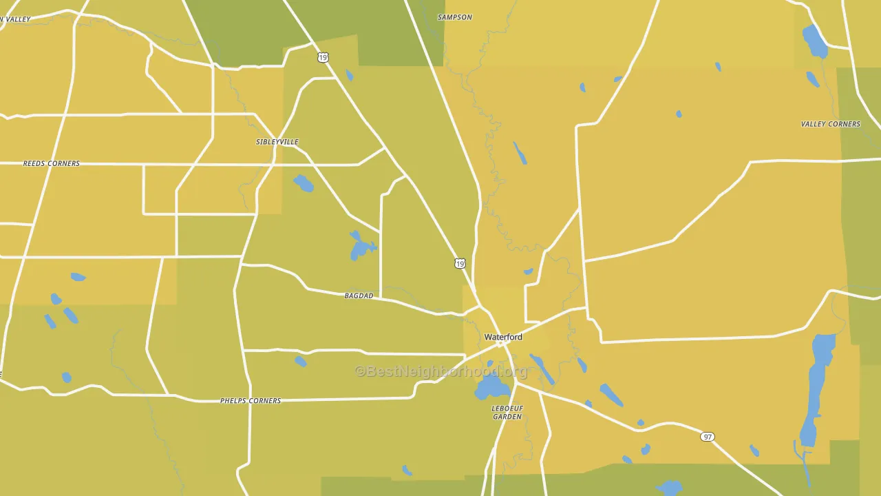 Map of the best neighborhoods in the 16441 area, with better matches in green and worse matches in red