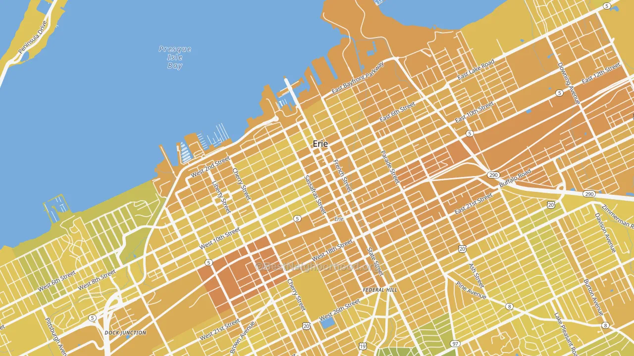 Map of the best neighborhoods in the 16501 area, with better matches in green and worse matches in red