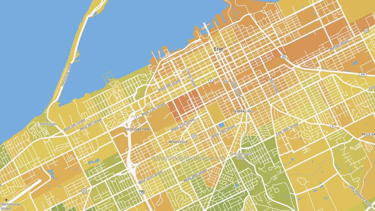 Map of the best neighborhoods in the 16502 area, with better matches in green and worse matches in red