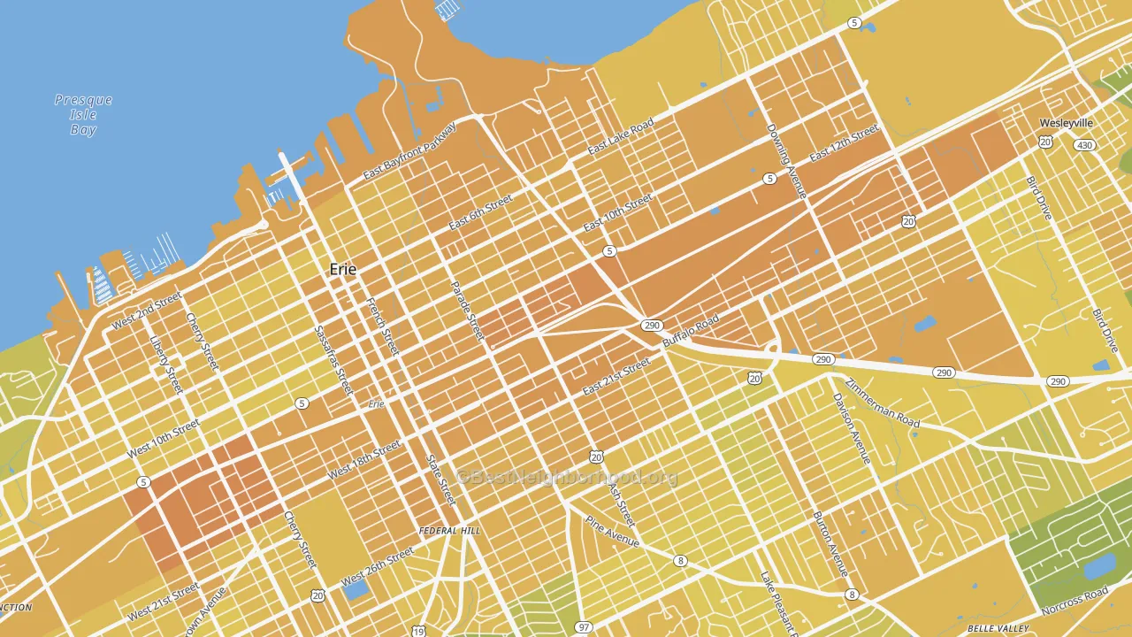 Map of the best neighborhoods in the 16503 area, with better matches in green and worse matches in red