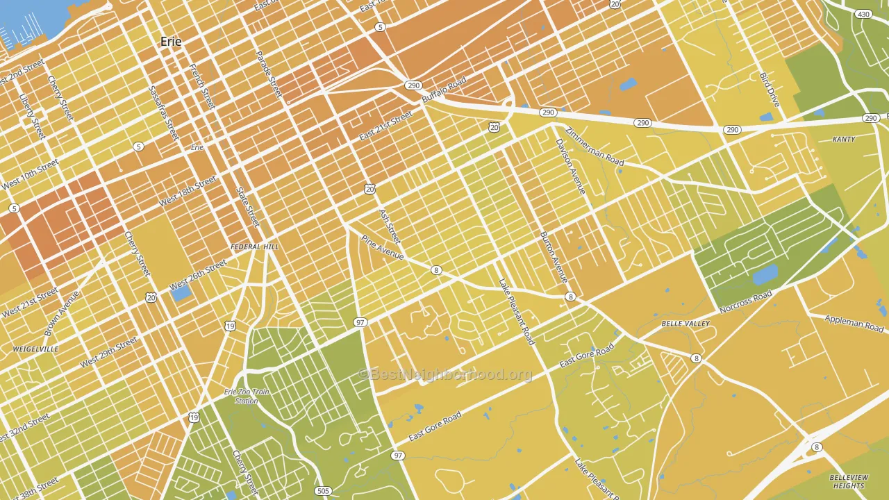 Map of the best neighborhoods in the 16504 area, with better matches in green and worse matches in red