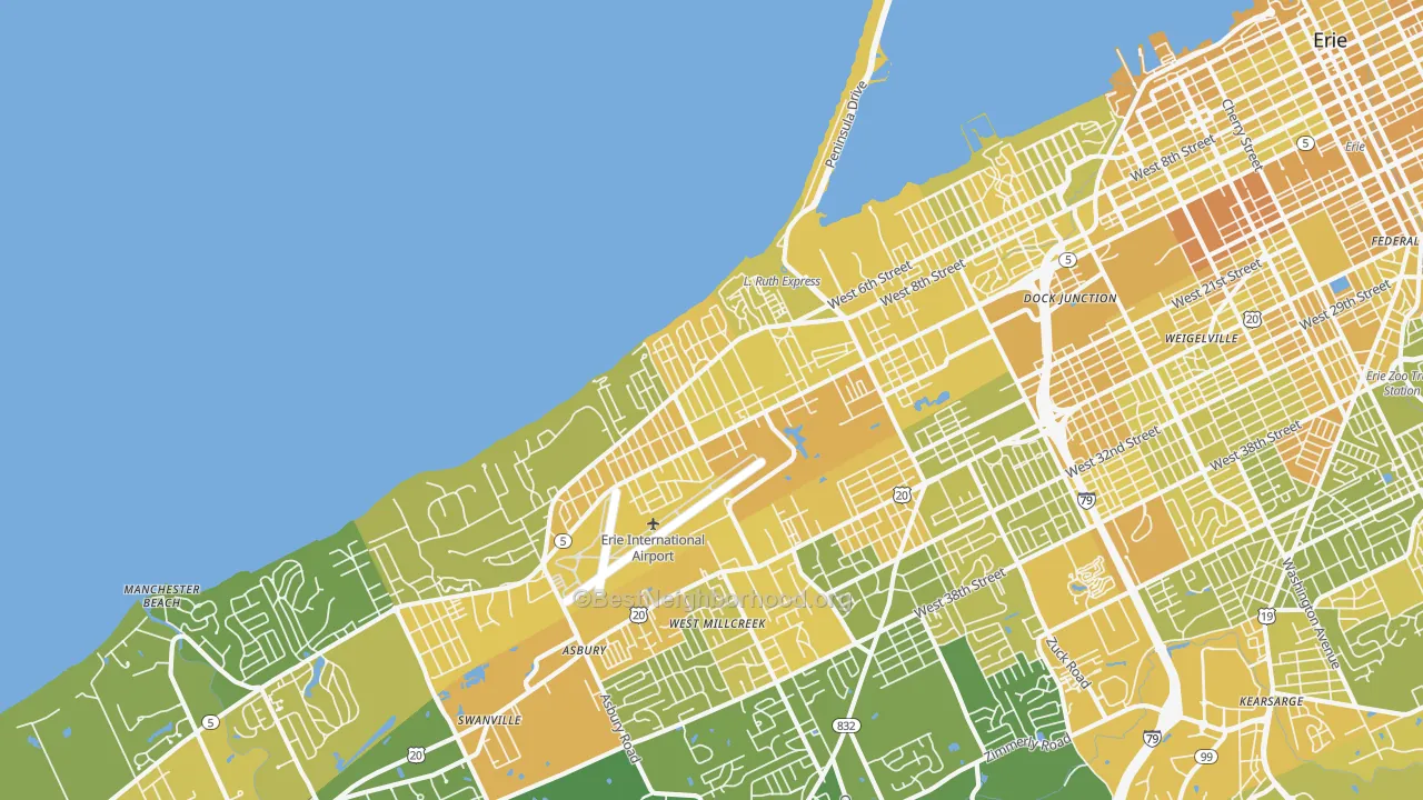 Map of the best neighborhoods in the 16505 area, with better matches in green and worse matches in red