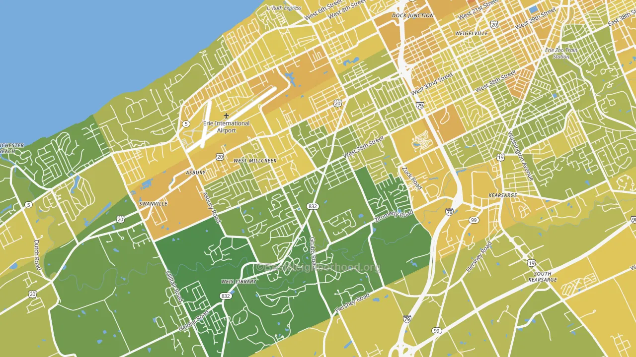 Map of the best neighborhoods in the 16506 area, with better matches in green and worse matches in red