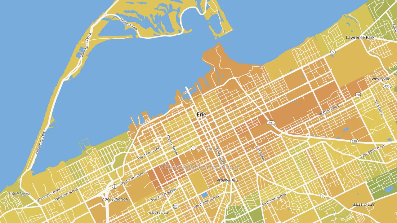 Map of the best neighborhoods in the 16507 area, with better matches in green and worse matches in red