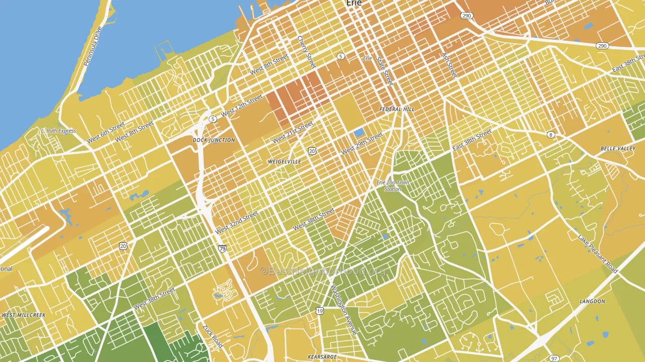 Map of the best neighborhoods in the 16508 area, with better matches in green and worse matches in red