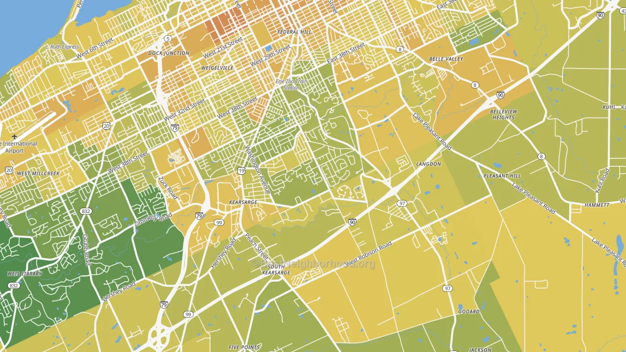 Map of the best neighborhoods in the 16509 area, with better matches in green and worse matches in red