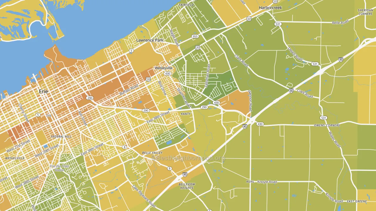 Map of the best neighborhoods in the 16510 area, with better matches in green and worse matches in red