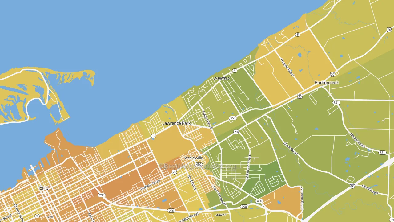 Map of the best neighborhoods in the 16511 area, with better matches in green and worse matches in red