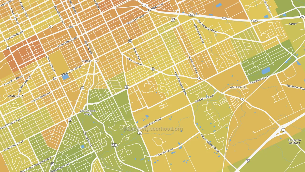 Map of the best neighborhoods in the 16546 area, with better matches in green and worse matches in red
