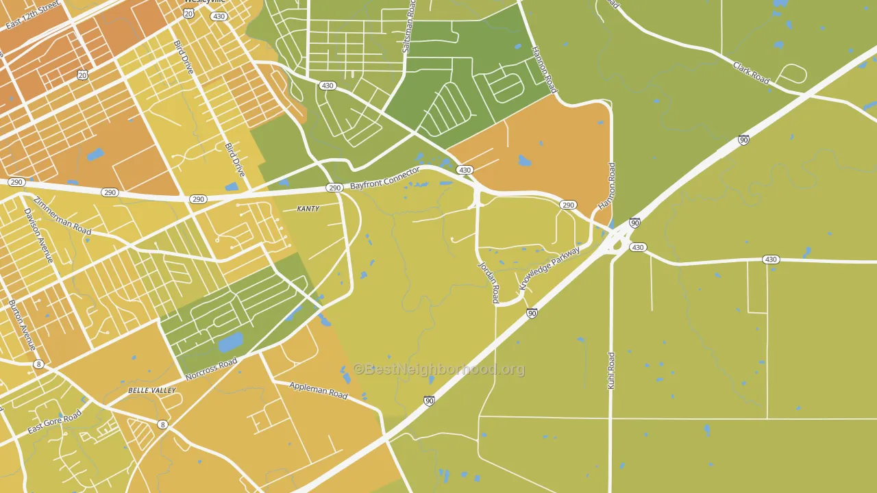 Map of the best neighborhoods in the 16563 area, with better matches in green and worse matches in red