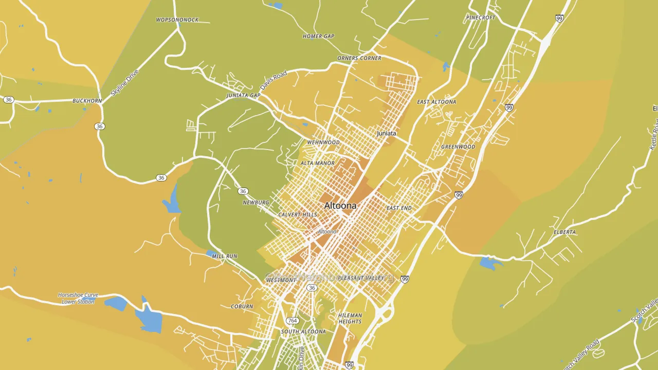 Map of the best neighborhoods in the 16601 area, with better matches in green and worse matches in red