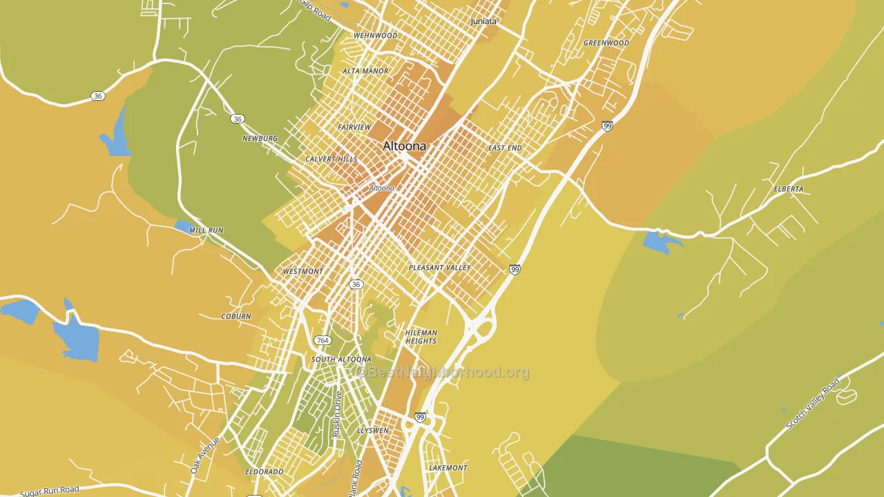 Map of the best neighborhoods in the 16602 area, with better matches in green and worse matches in red