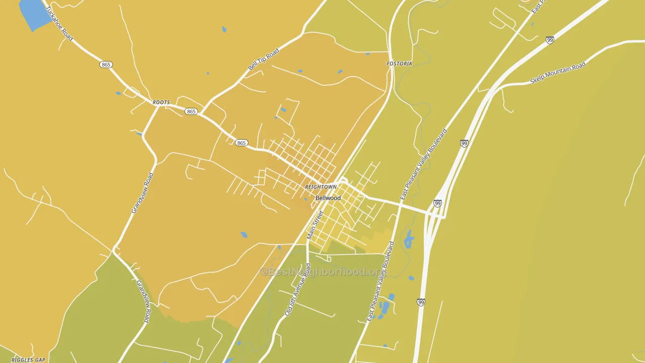 Map of the best neighborhoods in the 16617 area, with better matches in green and worse matches in red