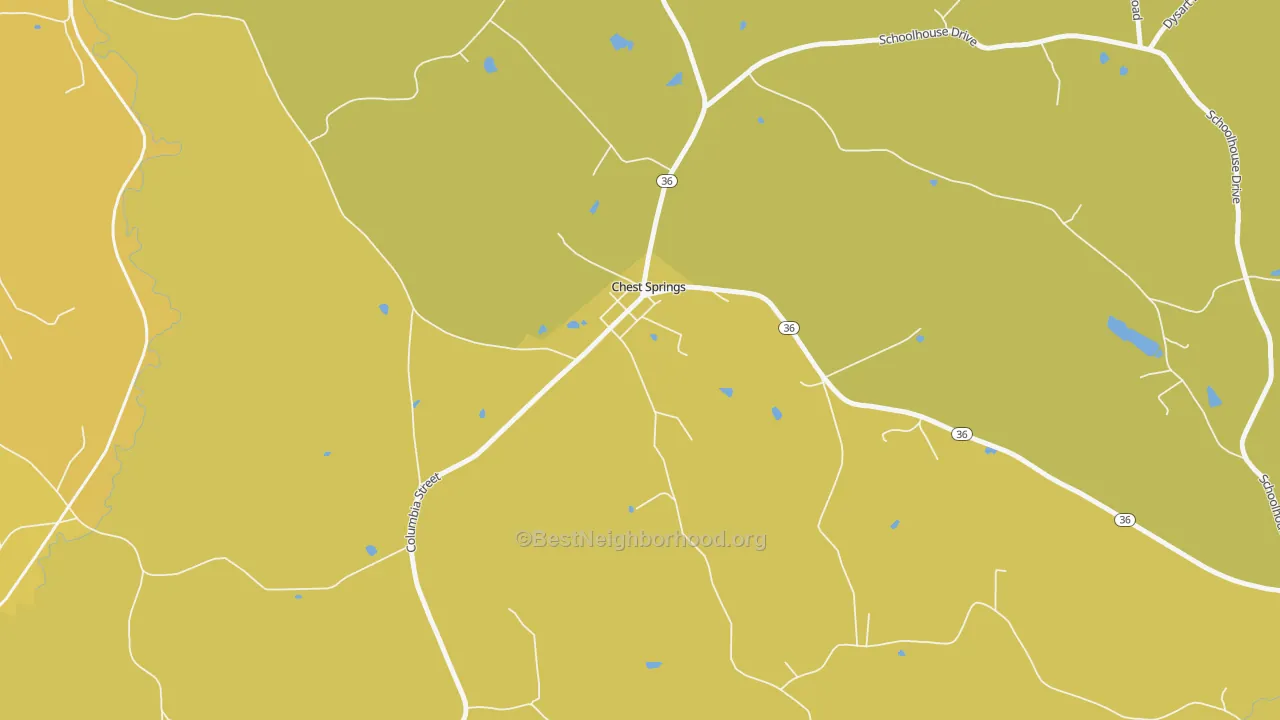 Map of the best neighborhoods in the 16624 area, with better matches in green and worse matches in red