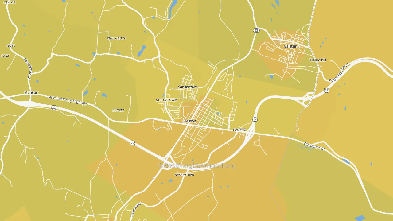 Map of the best neighborhoods in the 16630 area, with better matches in green and worse matches in red