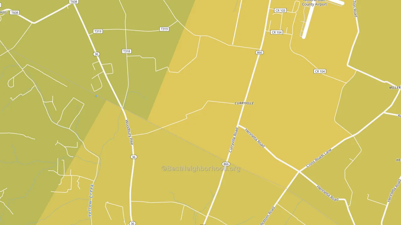 Map of the best neighborhoods in the 16631 area, with better matches in green and worse matches in red