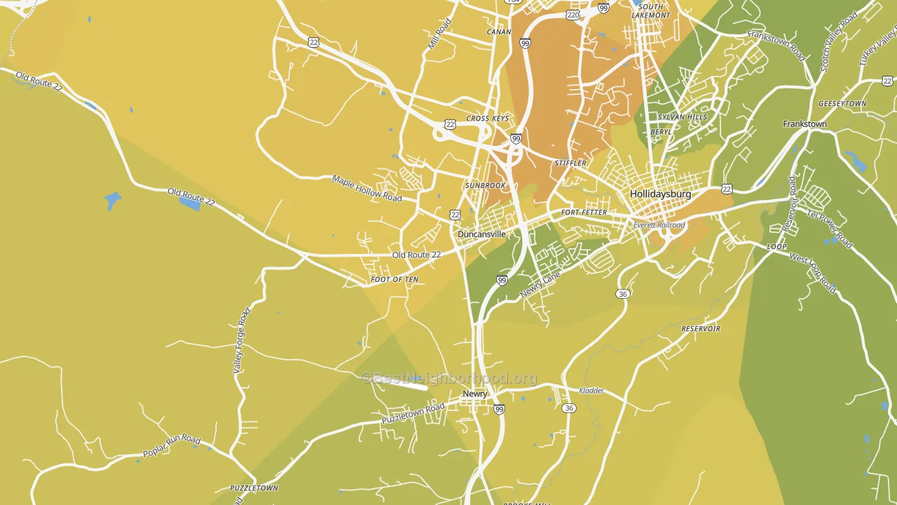Map of the best neighborhoods in the 16635 area, with better matches in green and worse matches in red