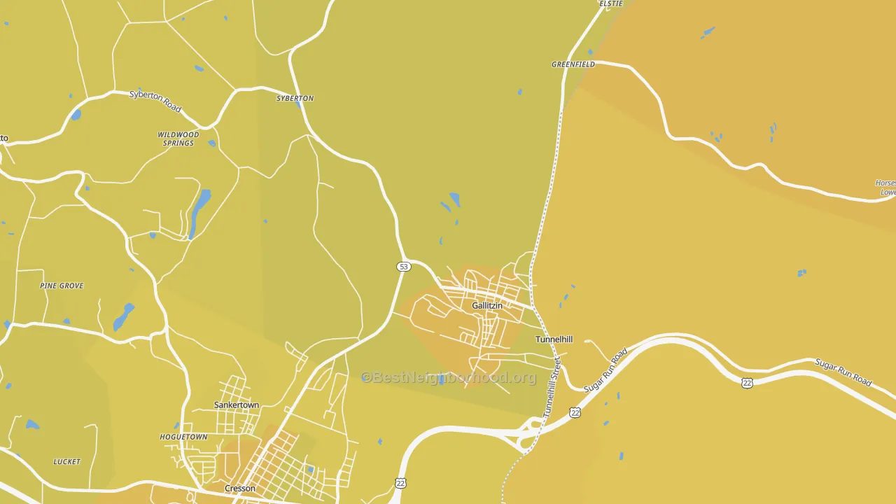 Map of the best neighborhoods in the 16641 area, with better matches in green and worse matches in red