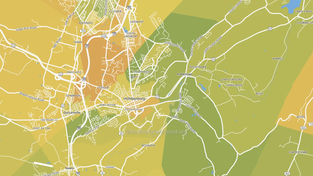 Map of the best neighborhoods in the 16648 area, with better matches in green and worse matches in red