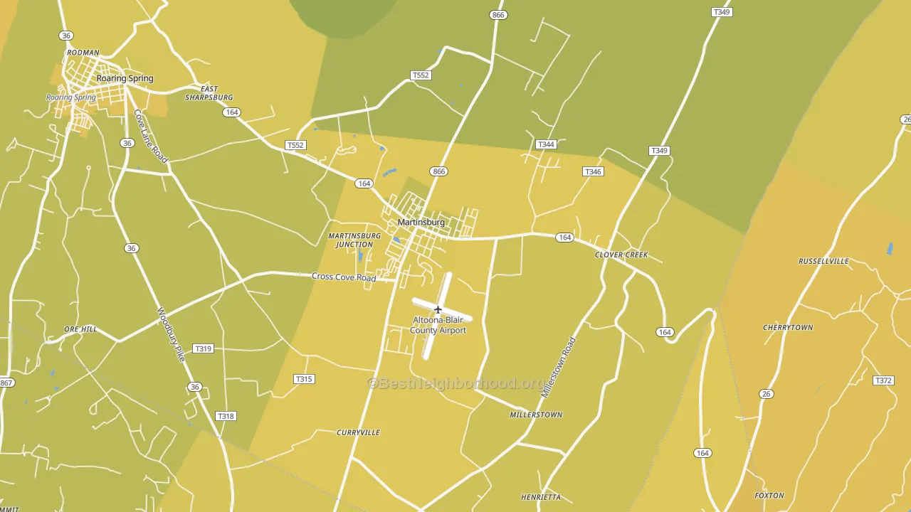 Map of the best neighborhoods in the 16662 area, with better matches in green and worse matches in red