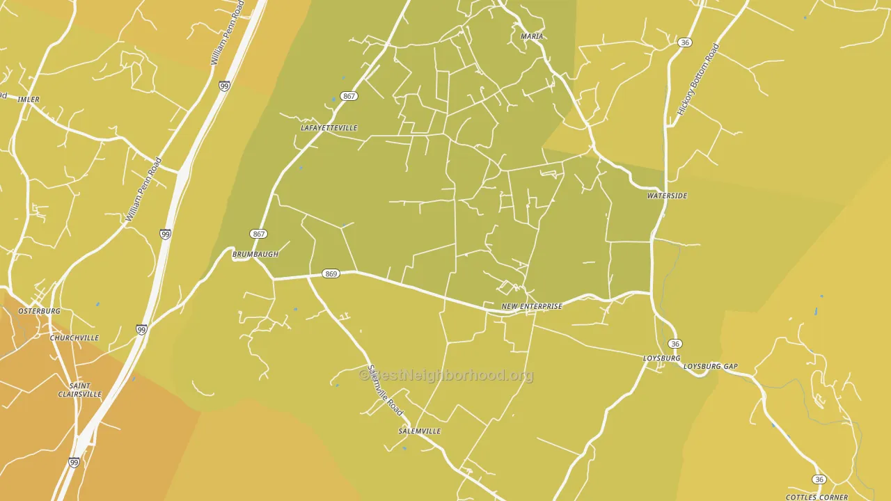 Map of the best neighborhoods in the 16664 area, with better matches in green and worse matches in red