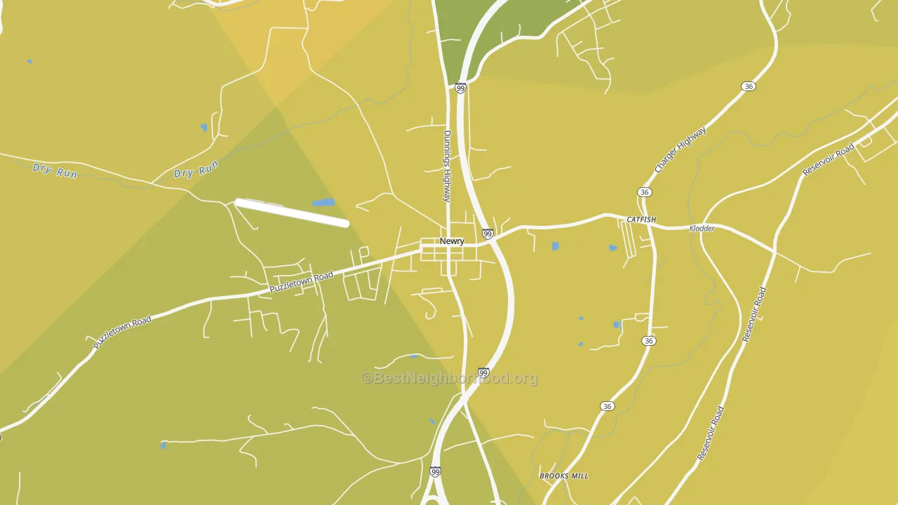 Map of the best neighborhoods in the 16665 area, with better matches in green and worse matches in red