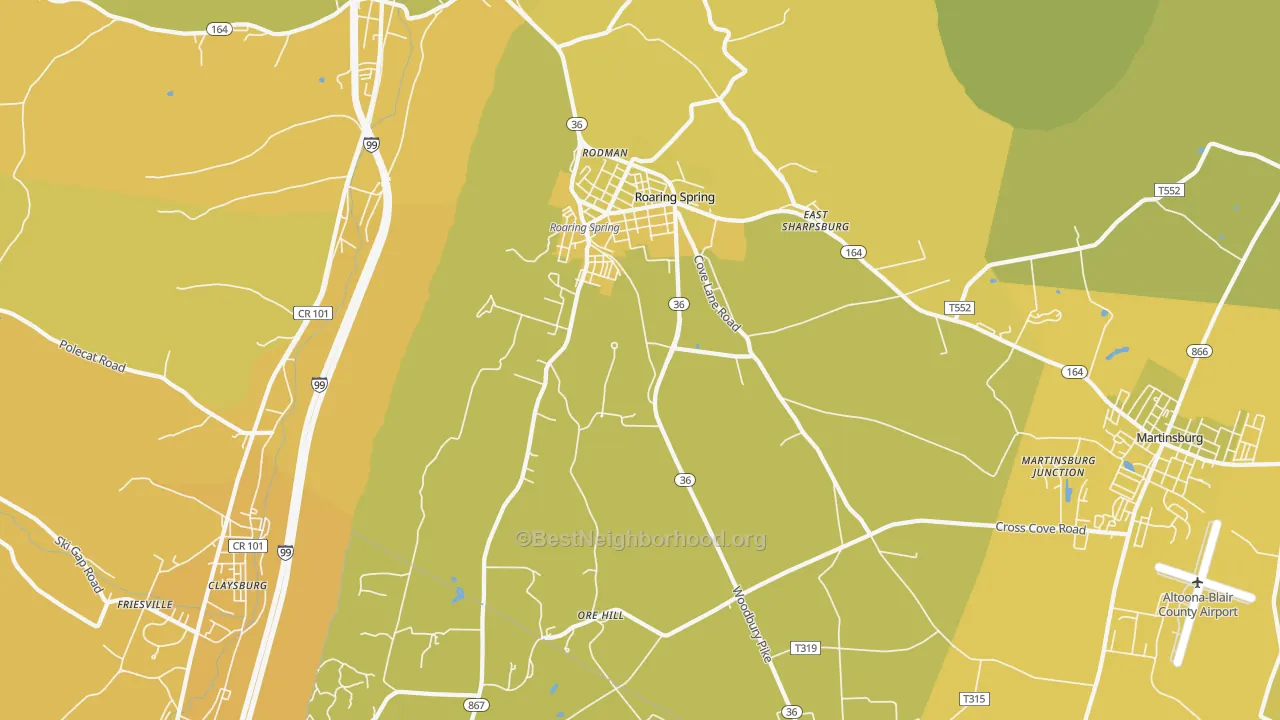 Map of the best neighborhoods in the 16673 area, with better matches in green and worse matches in red