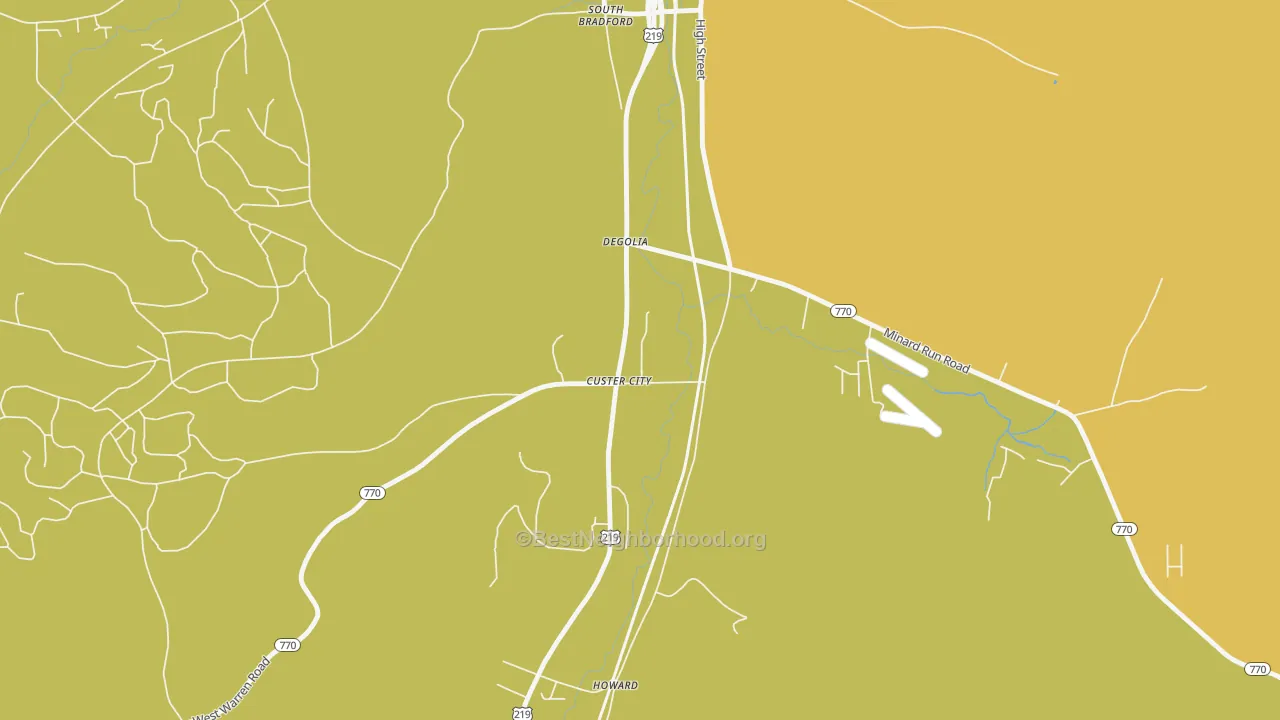 Map of the best neighborhoods in the 16725 area, with better matches in green and worse matches in red