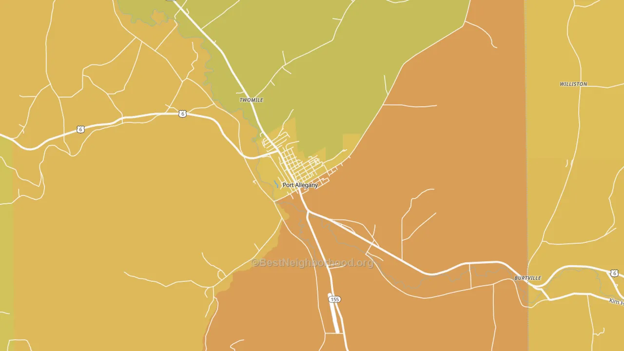Map of the best neighborhoods in the 16743 area, with better matches in green and worse matches in red