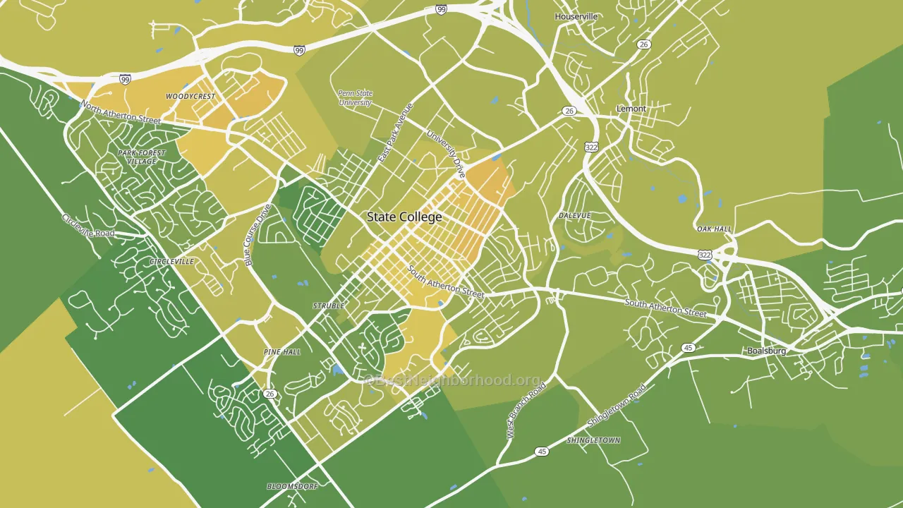 Map of the best neighborhoods in the 16801 area, with better matches in green and worse matches in red