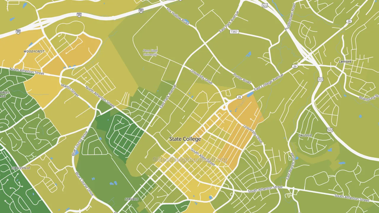Map of the best neighborhoods in the 16802 area, with better matches in green and worse matches in red