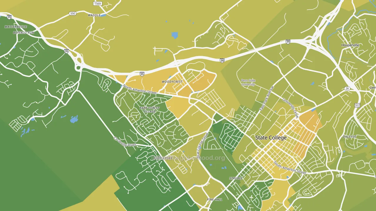 Map of the best neighborhoods in the 16803 area, with better matches in green and worse matches in red