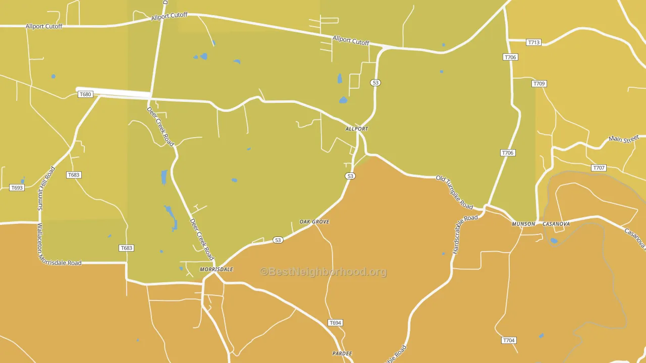 Map of the best neighborhoods in the 16821 area, with better matches in green and worse matches in red
