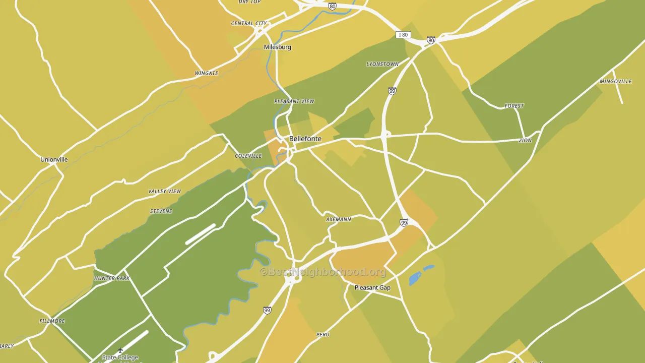 Map of the best neighborhoods in the 16823 area, with better matches in green and worse matches in red