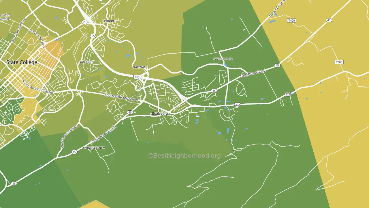 Map of the best neighborhoods in the 16827 area, with better matches in green and worse matches in red