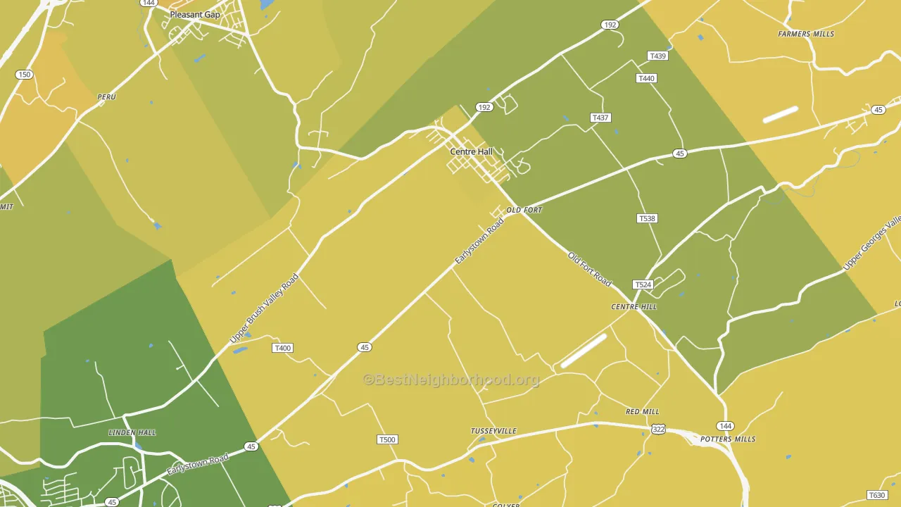 Map of the best neighborhoods in the 16828 area, with better matches in green and worse matches in red