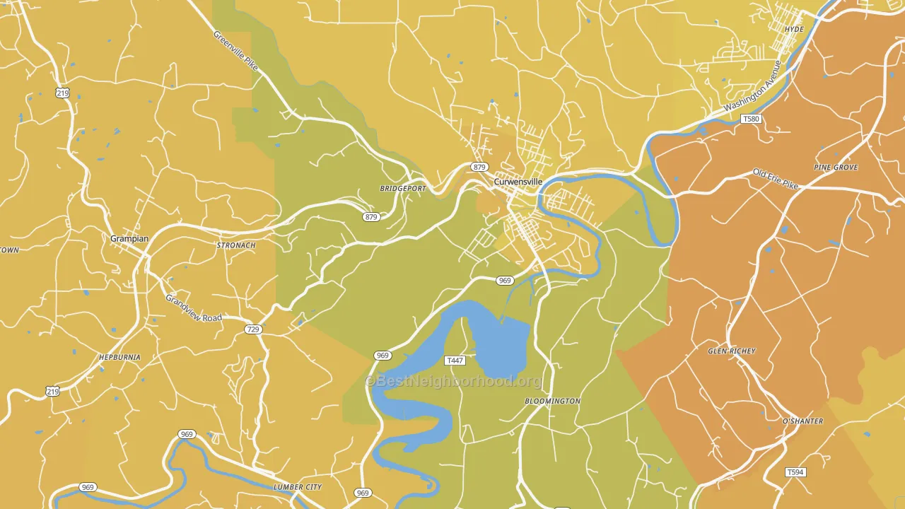 Map of the best neighborhoods in the 16833 area, with better matches in green and worse matches in red