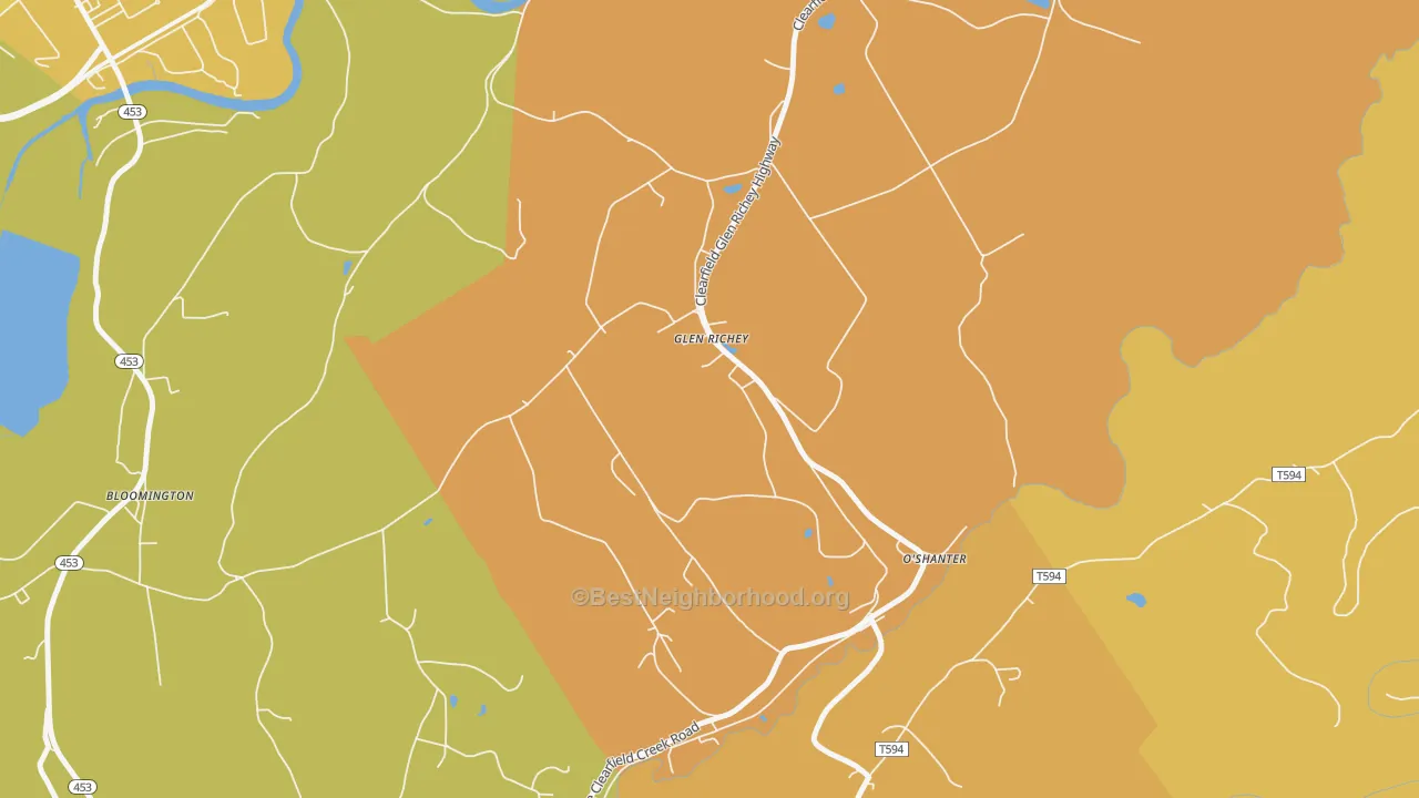Map of the best neighborhoods in the 16837 area, with better matches in green and worse matches in red