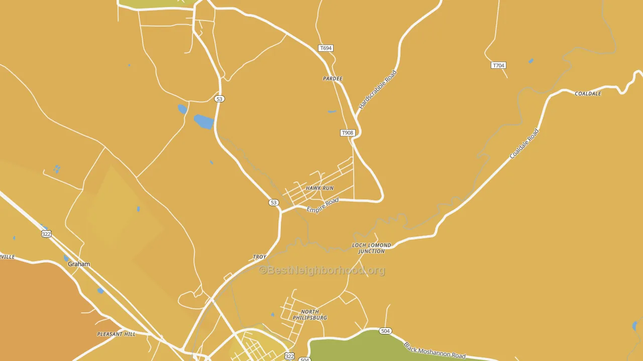 Map of the best neighborhoods in the 16840 area, with better matches in green and worse matches in red